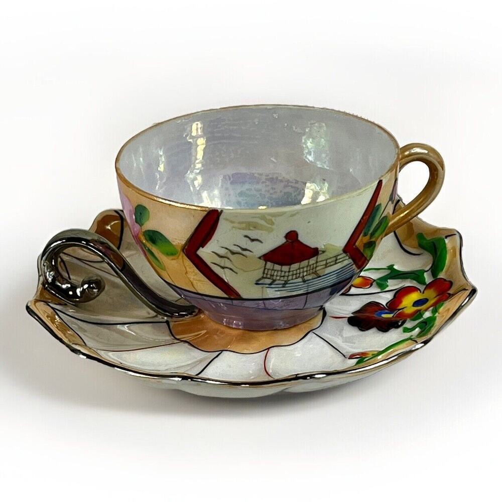 Vintage Lusterware Hand Painted Tea Cup And Saucer Pagoda & Floral Made in Japan